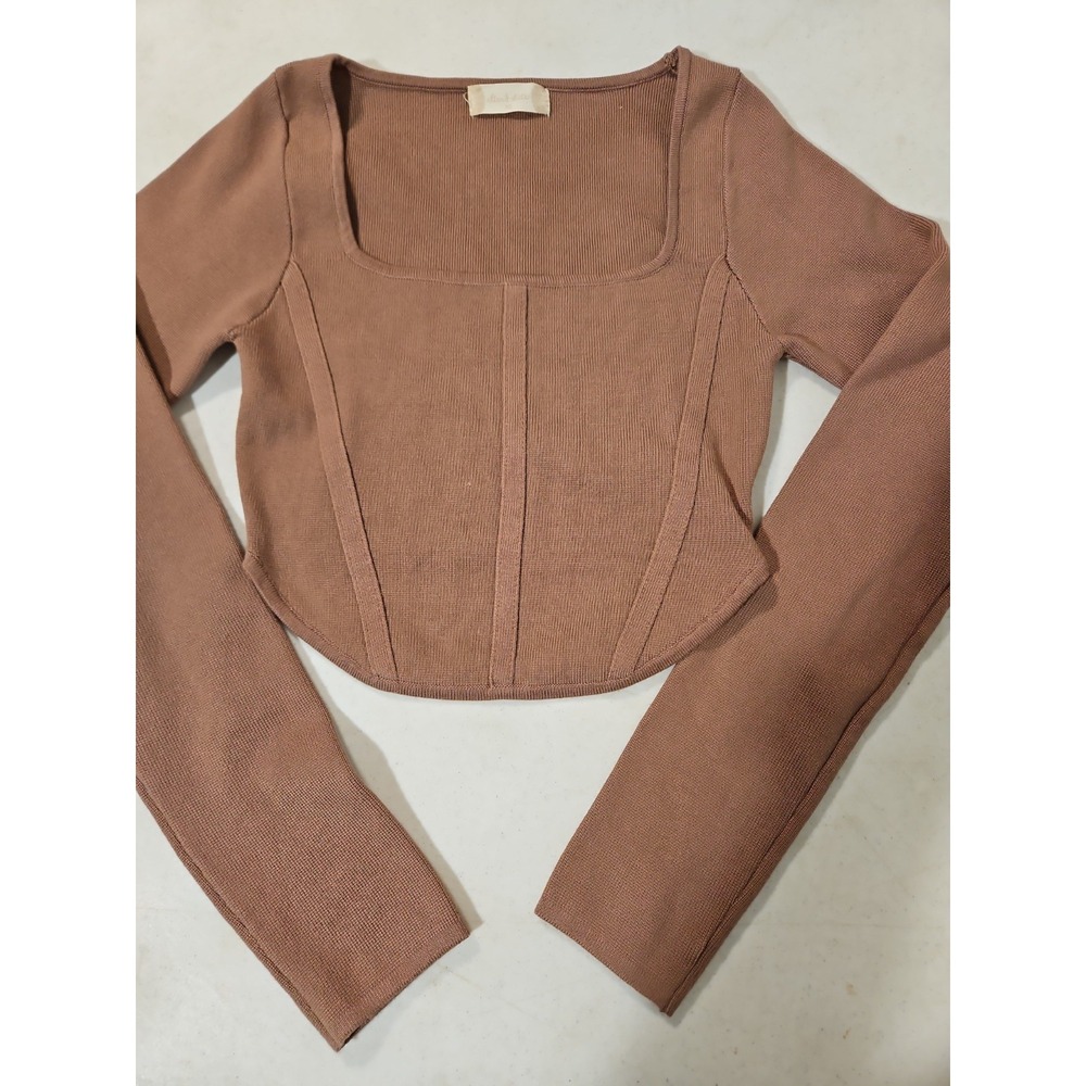Altar'd State Long Sleeve Cropped Shirt Brown XSmall Long Sleeve Ribbed Top(1980